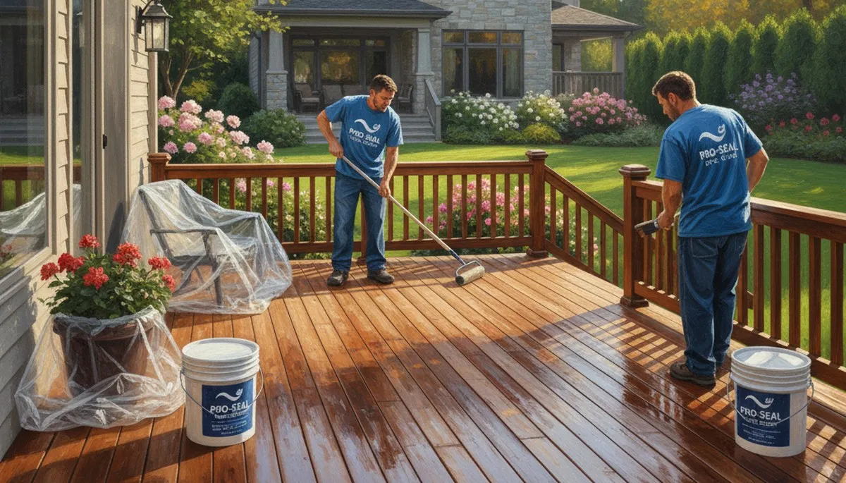 Minneapolis painters sealing a wood deck to protect against moisture and winter damage